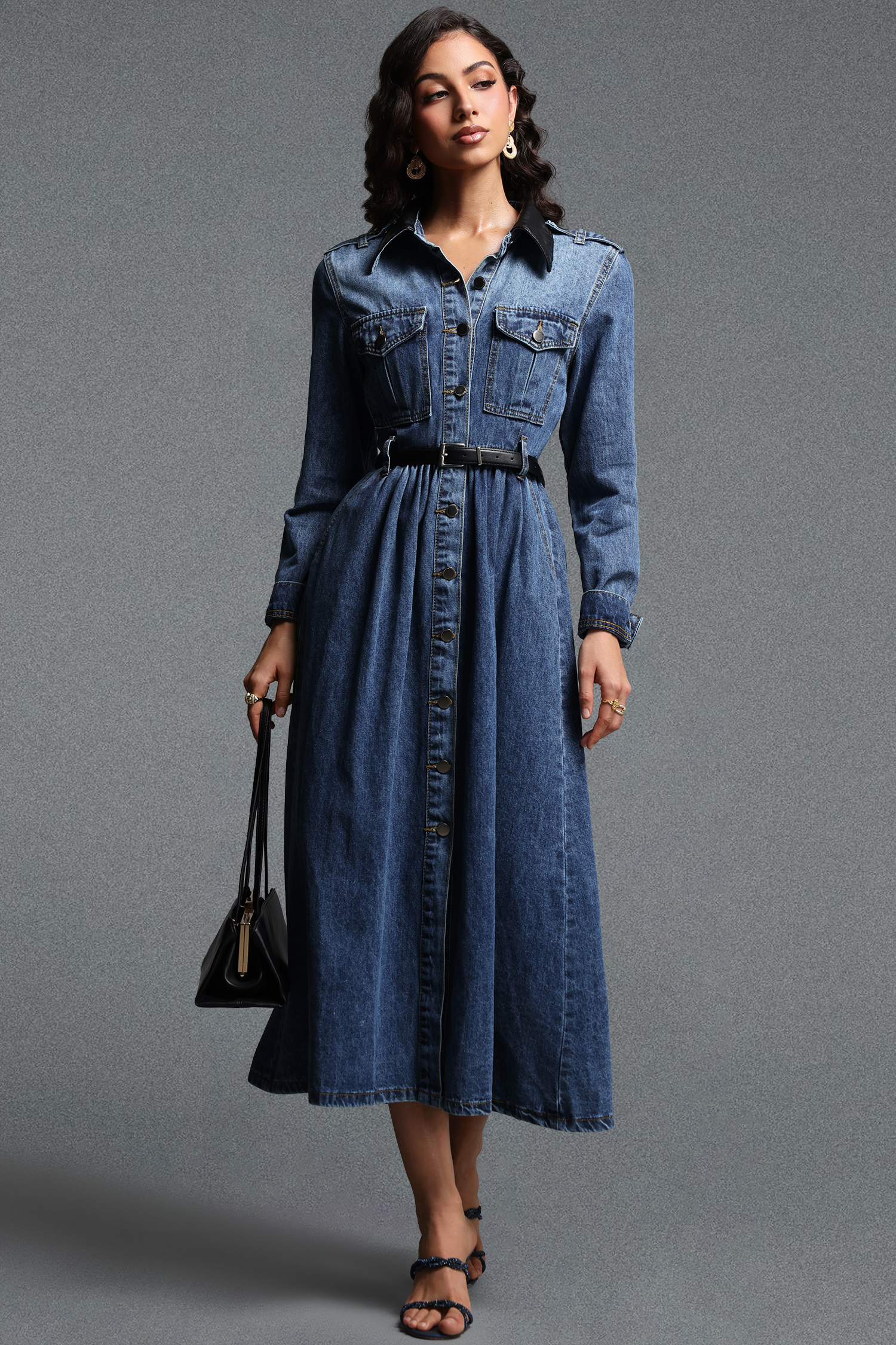 Kasuni Chic Tailored Contrast Collar Long Sleeve Denim Maxi Dress image 1