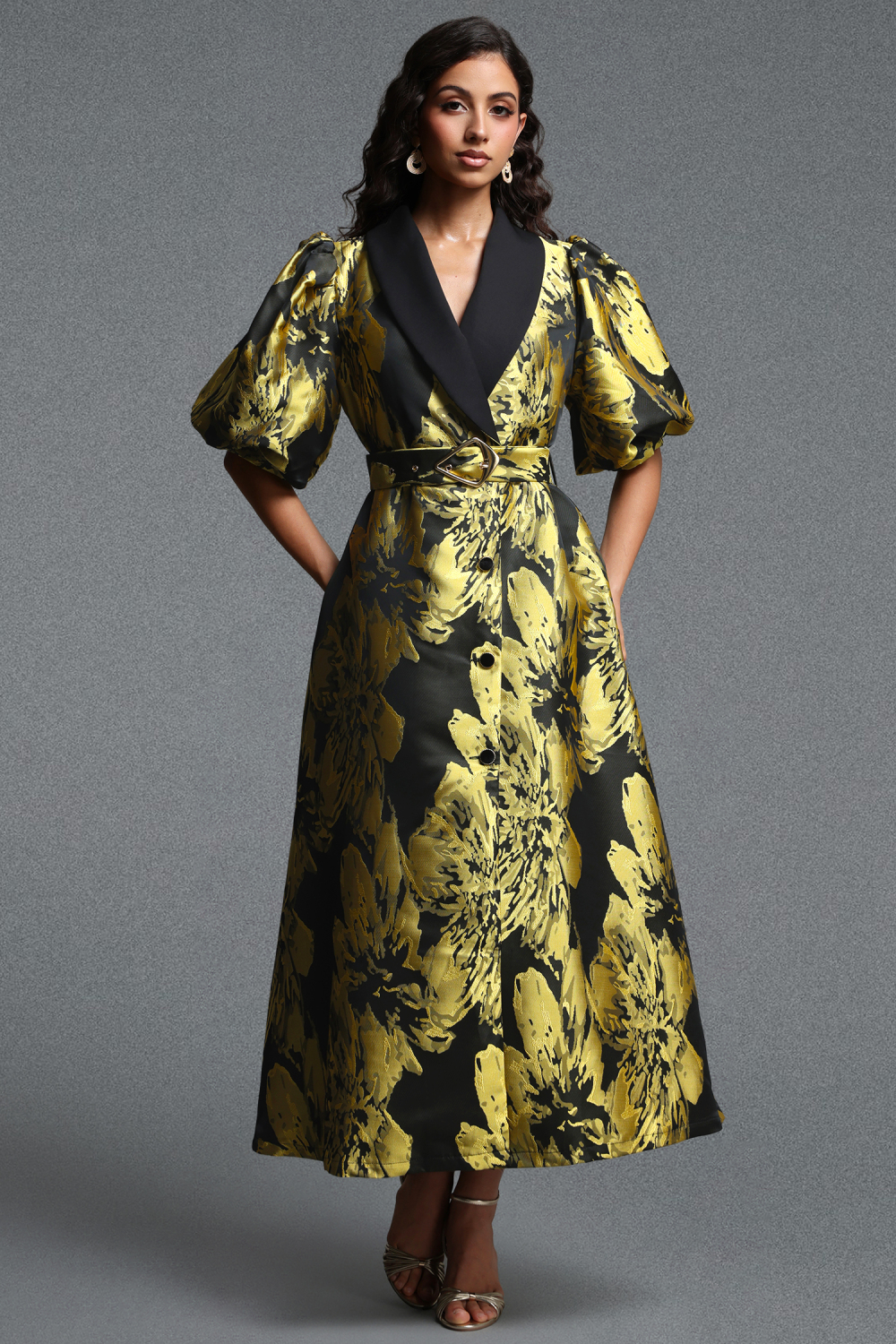 Polasa Vintage Tailored Puff Sleeve Jacquard Woven Maxi Dress image 1