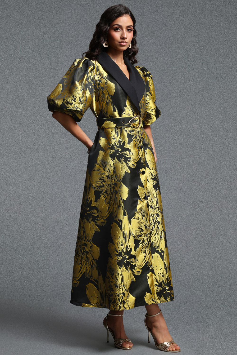 Polasa Vintage Tailored Puff Sleeve Jacquard Woven Maxi Dress image 3