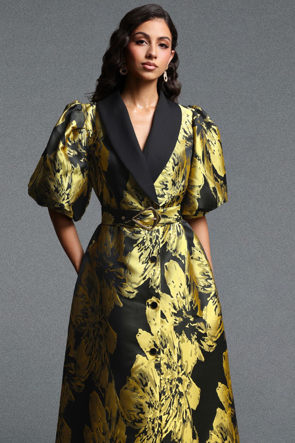 Polasa Vintage Tailored Puff Sleeve Jacquard Woven Maxi Dress image 4