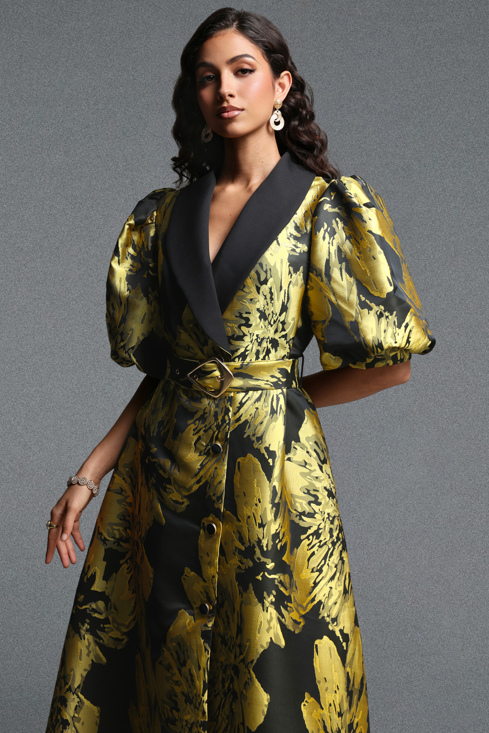 Polasa Vintage Tailored Puff Sleeve Jacquard Woven Maxi Dress image 2