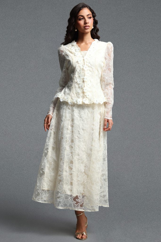 Makani Romantic Flowy Long Sleeve Floral Lace Blazer And Maxi Dress Skirt Two Piece Set