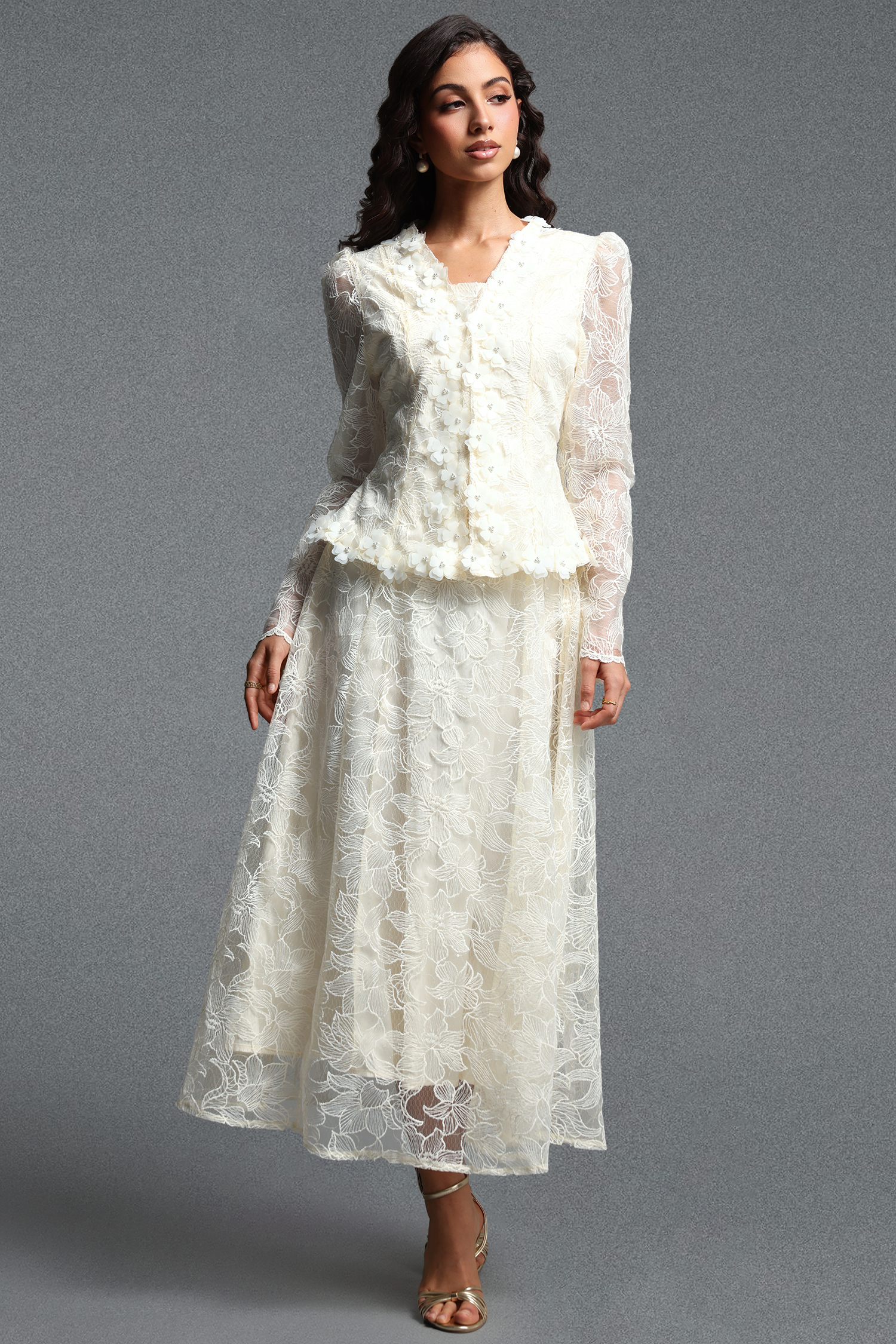 Makani Romantic Flowy Long Sleeve Floral Lace Blazer And Maxi Dress Skirt Two Piece Set image 1