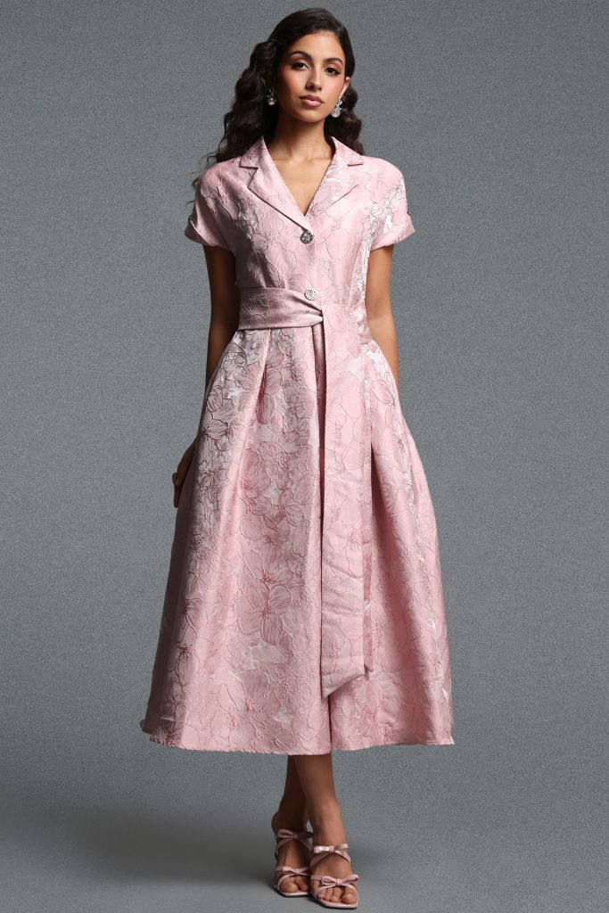 Derya Vintage Tailored Short Sleeve Jacquard Woven Maxi Dress