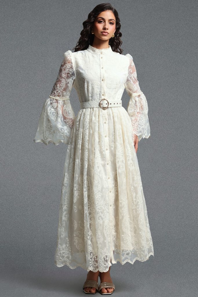 Lumo Romantic Flowy Long Sleeve Ruffle Paisley Embroidered Woven Maxi Dress