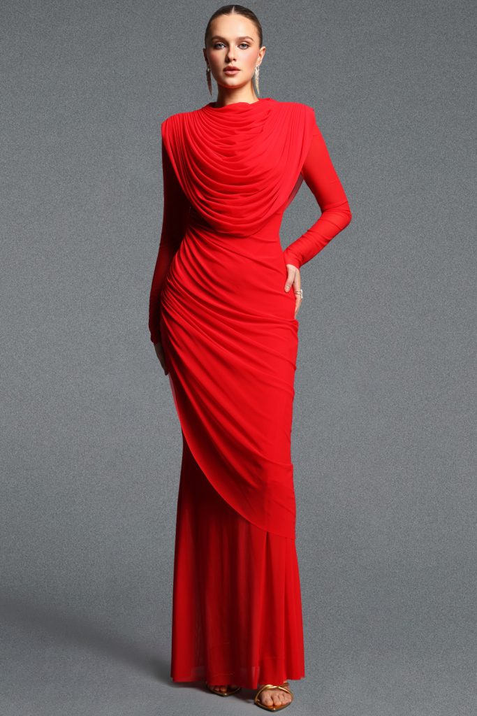 Kale Elegant Cinched Waist Long Sleeve Ruched Mermaid Woven Maxi Dress
