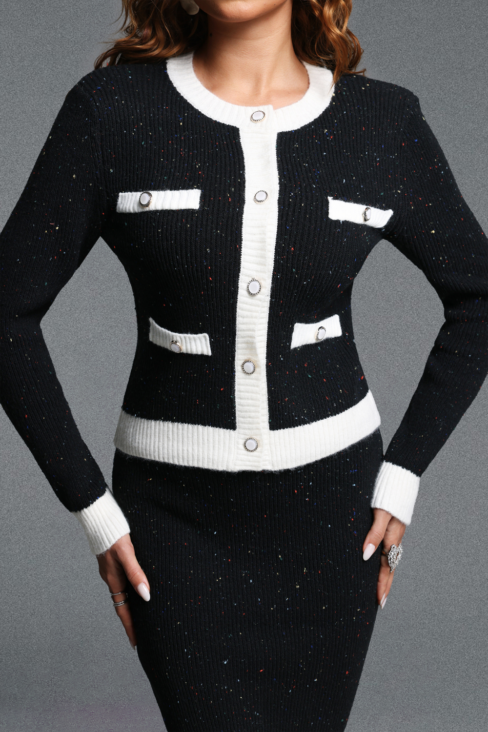 Doreen Classic Round Neck Long Sleeve Contrast Knit Top and Skirt Two Piece Set image 5