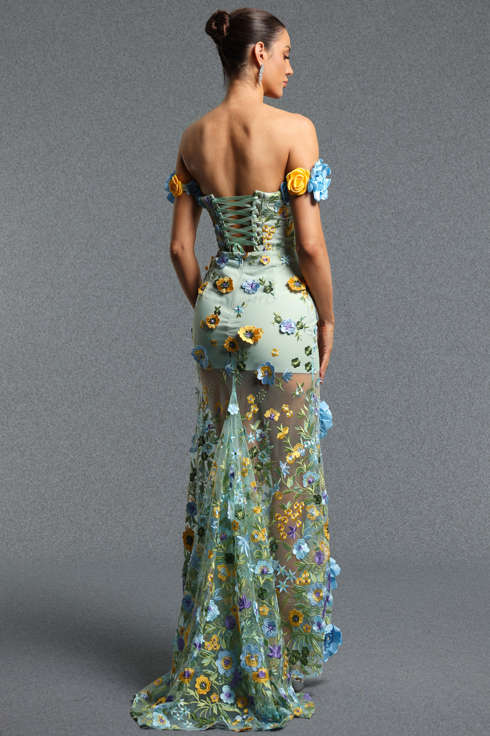 Kaci Classic Off Shoulder Multicolor Floral Tulle Mermaid Maxi Dress image 6
