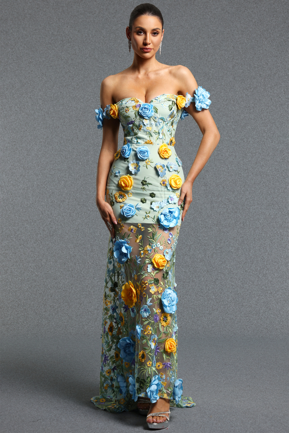 Kaci Classic Off Shoulder Multicolor Floral Tulle Mermaid Maxi Dress image 1