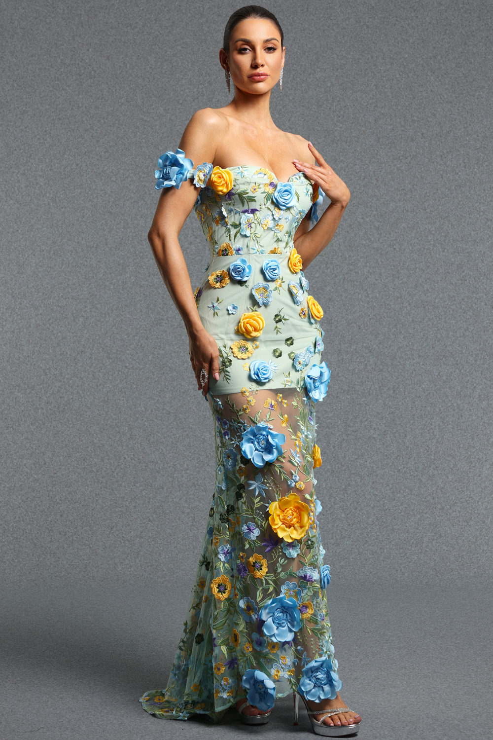 Kaci Classic Off Shoulder Multicolor Floral Tulle Mermaid Maxi Dress image 2