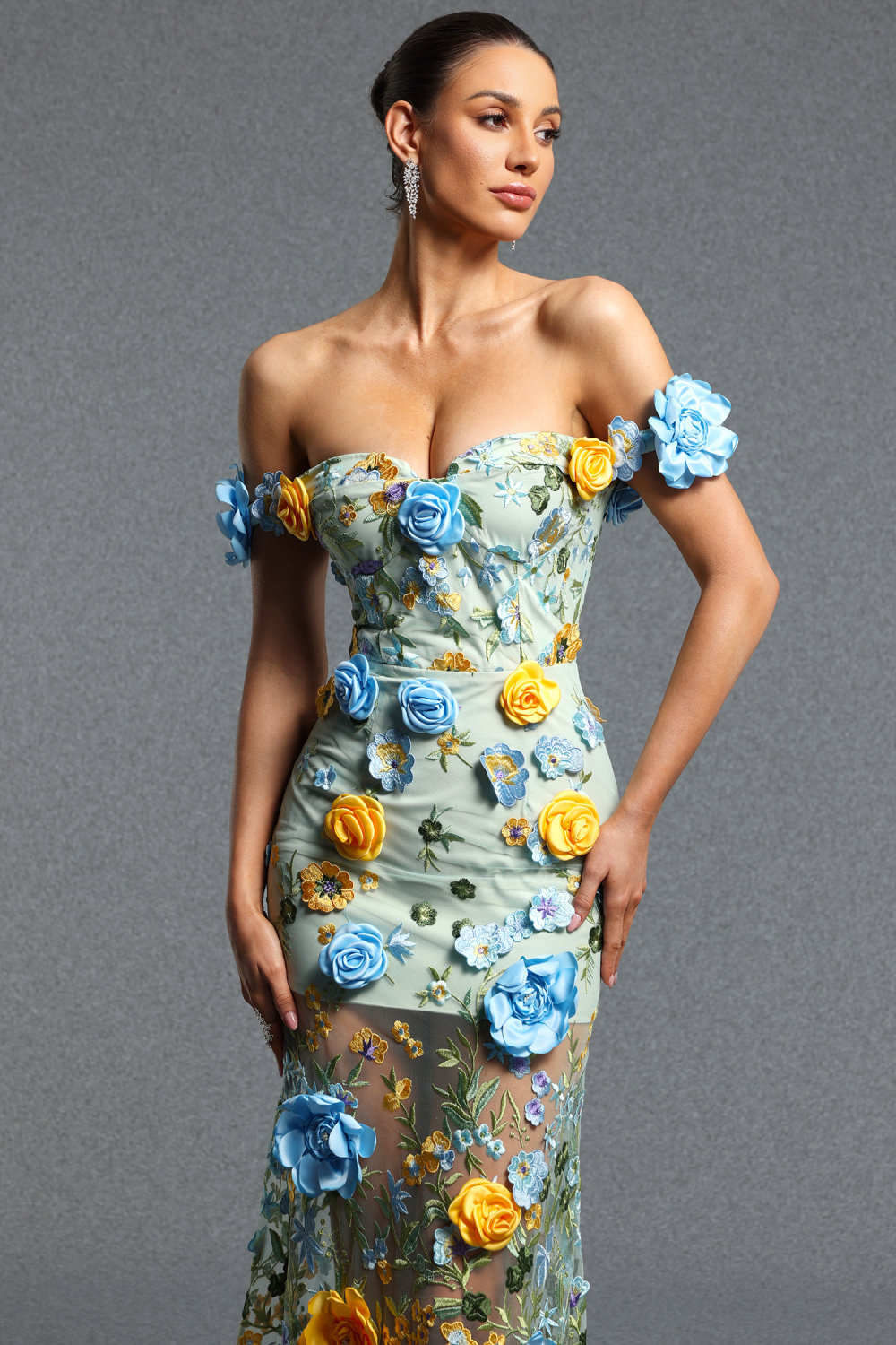 Kaci Classic Off Shoulder Multicolor Floral Tulle Mermaid Maxi Dress image 3