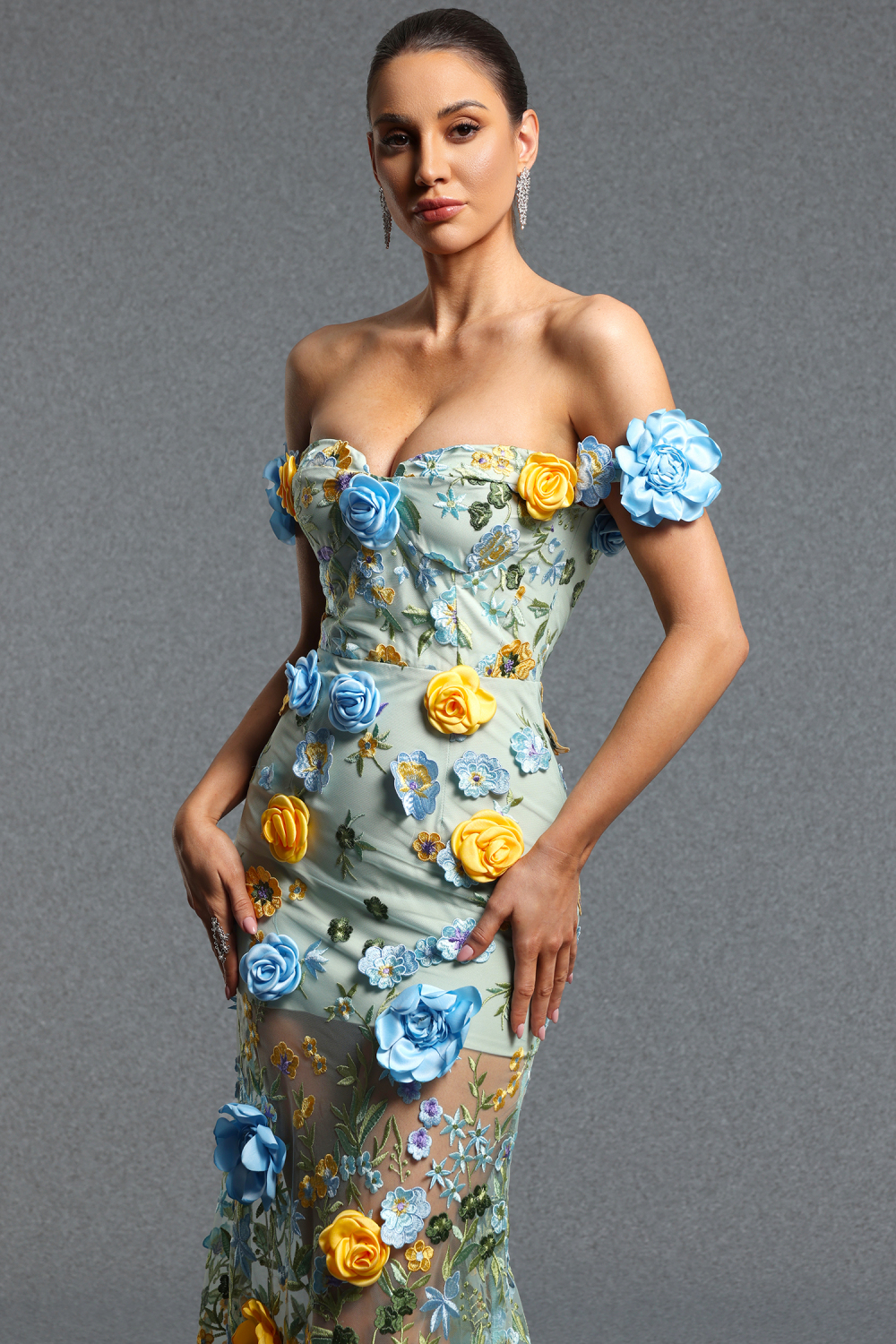 Kaci Classic Off Shoulder Multicolor Floral Tulle Mermaid Maxi Dress image 4