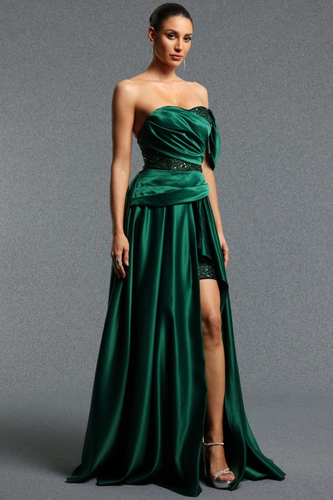Ivanna Elegant Strapless Satin High Slit Long Train Maxi Dress
