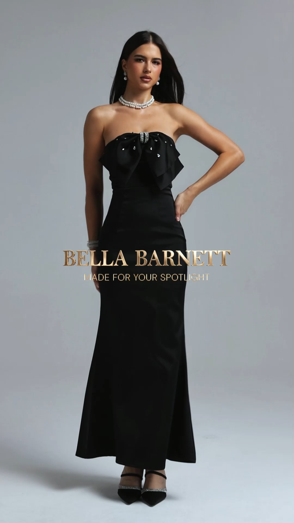 Syre Classic Tailored Strapless Bow Rhinestone Maxi Dress image 7
