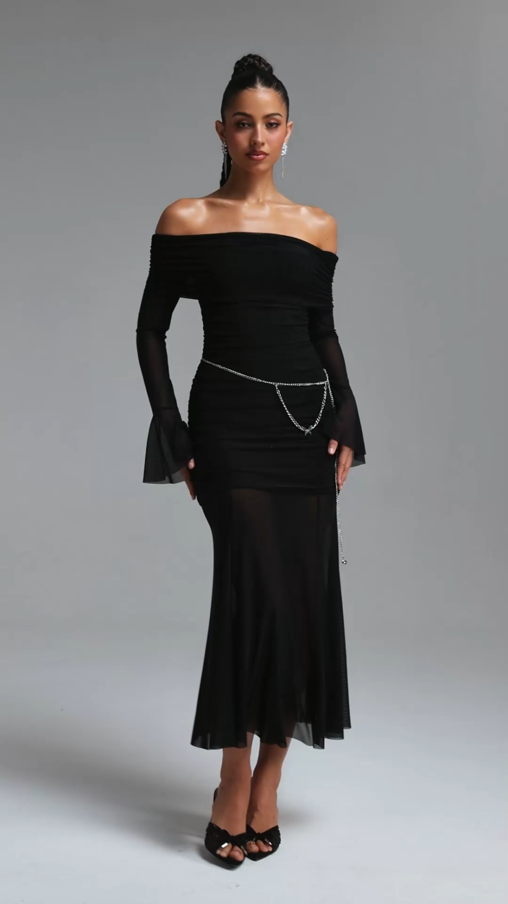 Elaia Sexy Contour Off Shoulder Long Sleeve With Waist Chain Mesh Maxi Dress image 7