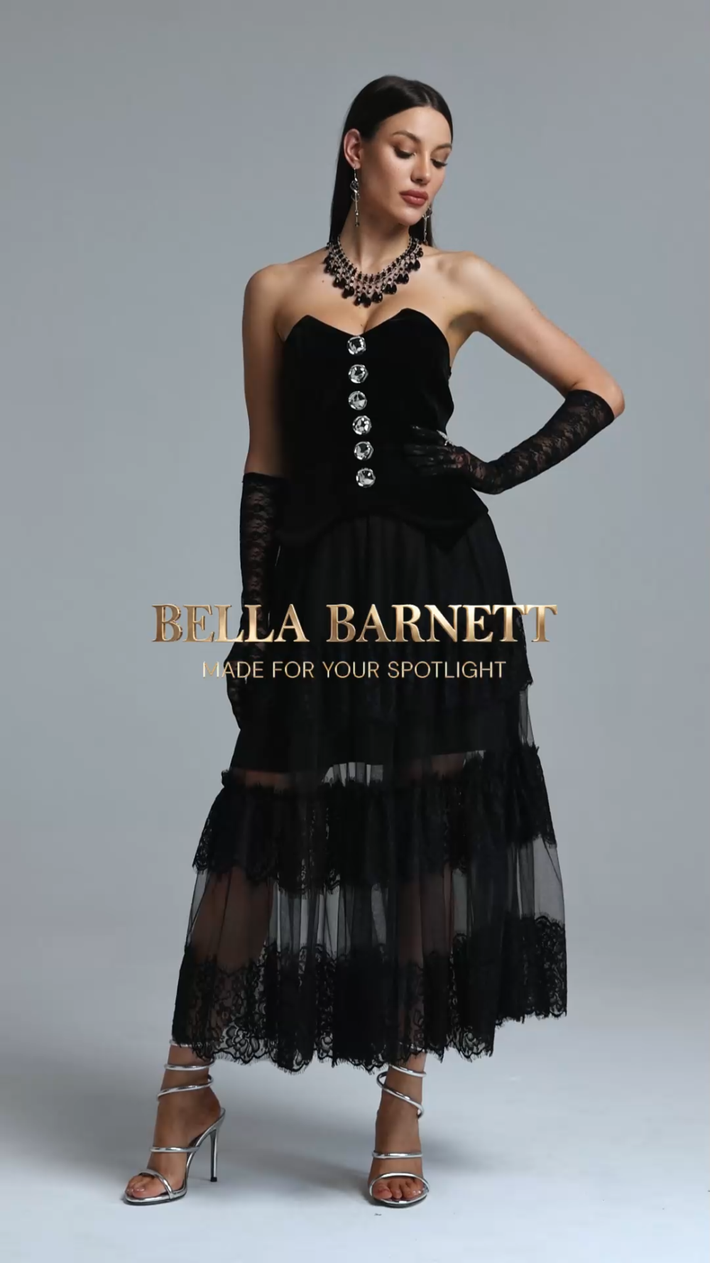 Omega Chic Contour Strapless Buttoned Lace Velvet Maxi Dress image 8