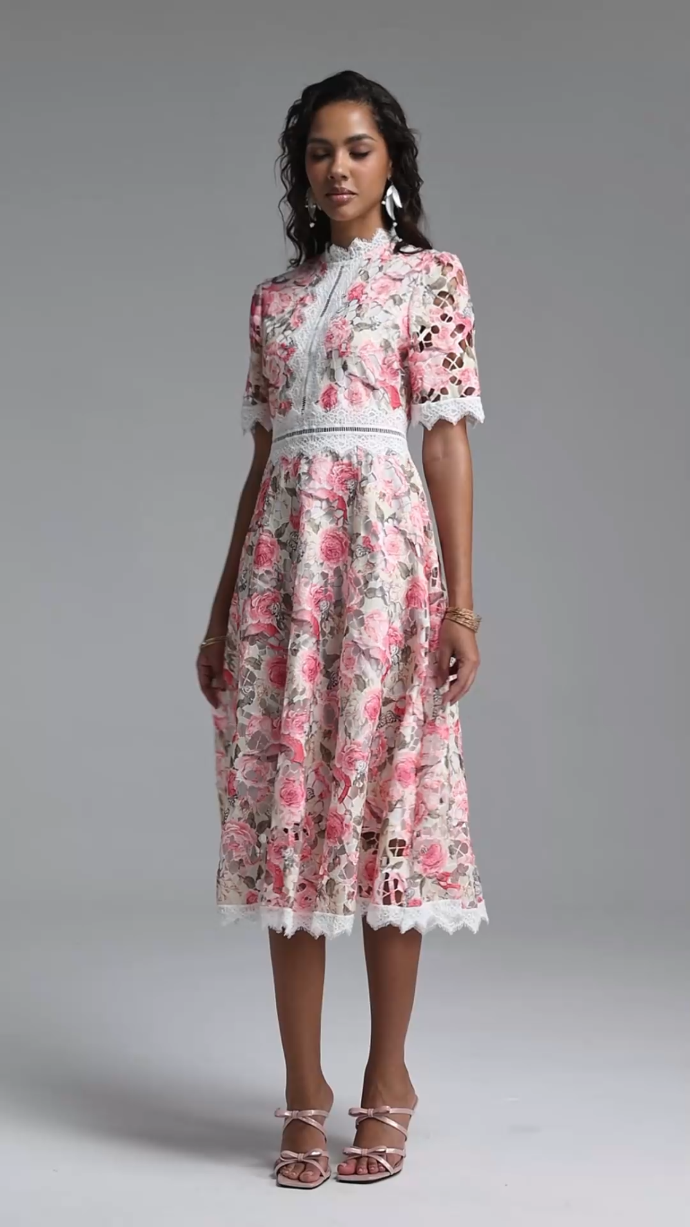 Perly Classic Cinched Short Sleeve Floral Print Lace Midi Dress image 7
