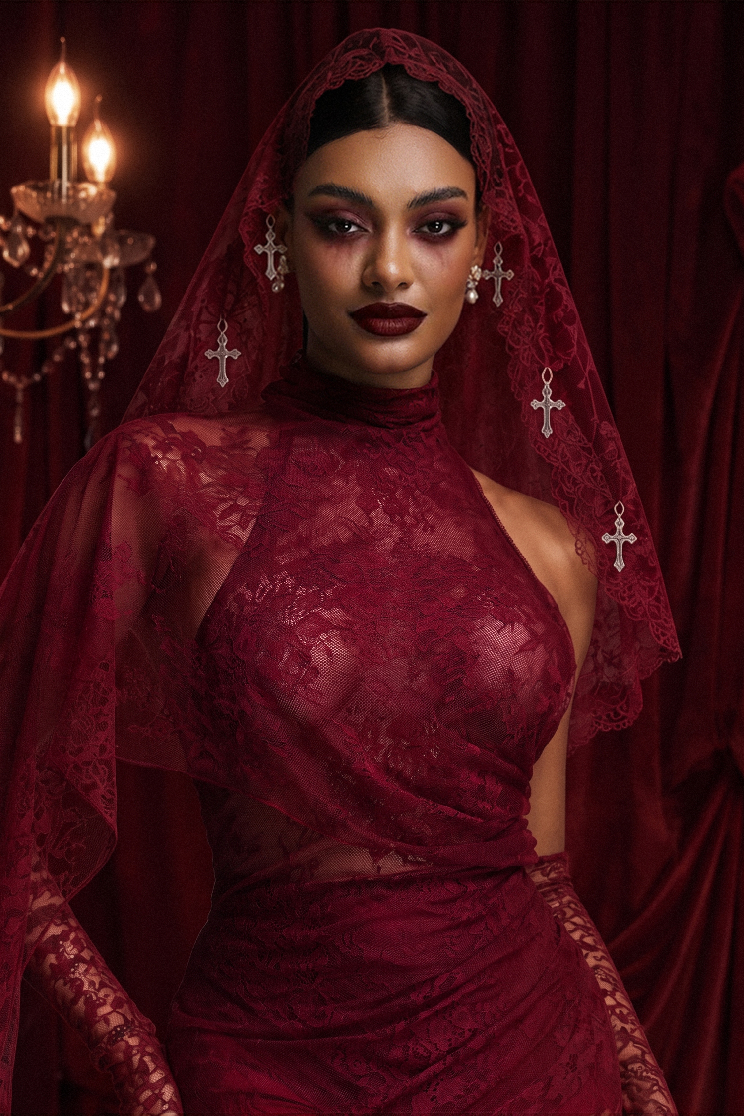 Horga Gothic Cross Lace Red Veil image 1