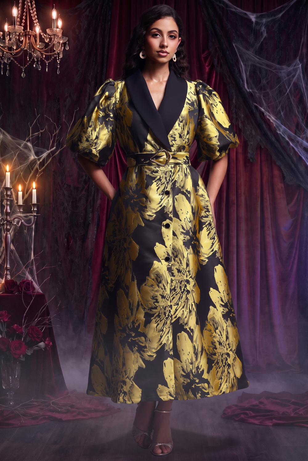 Polasa Vintage Tailored Puff Sleeve Jacquard Woven Maxi Dress image 7