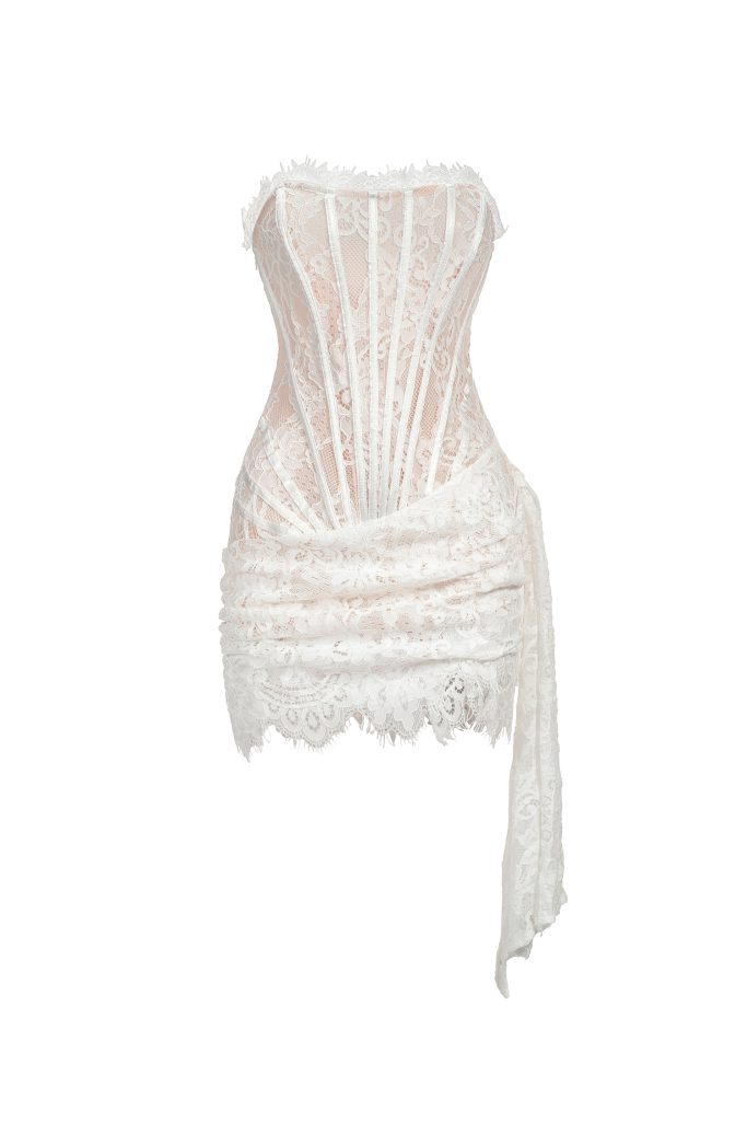 Rosel Asymmetric Lace Mini Dress – White