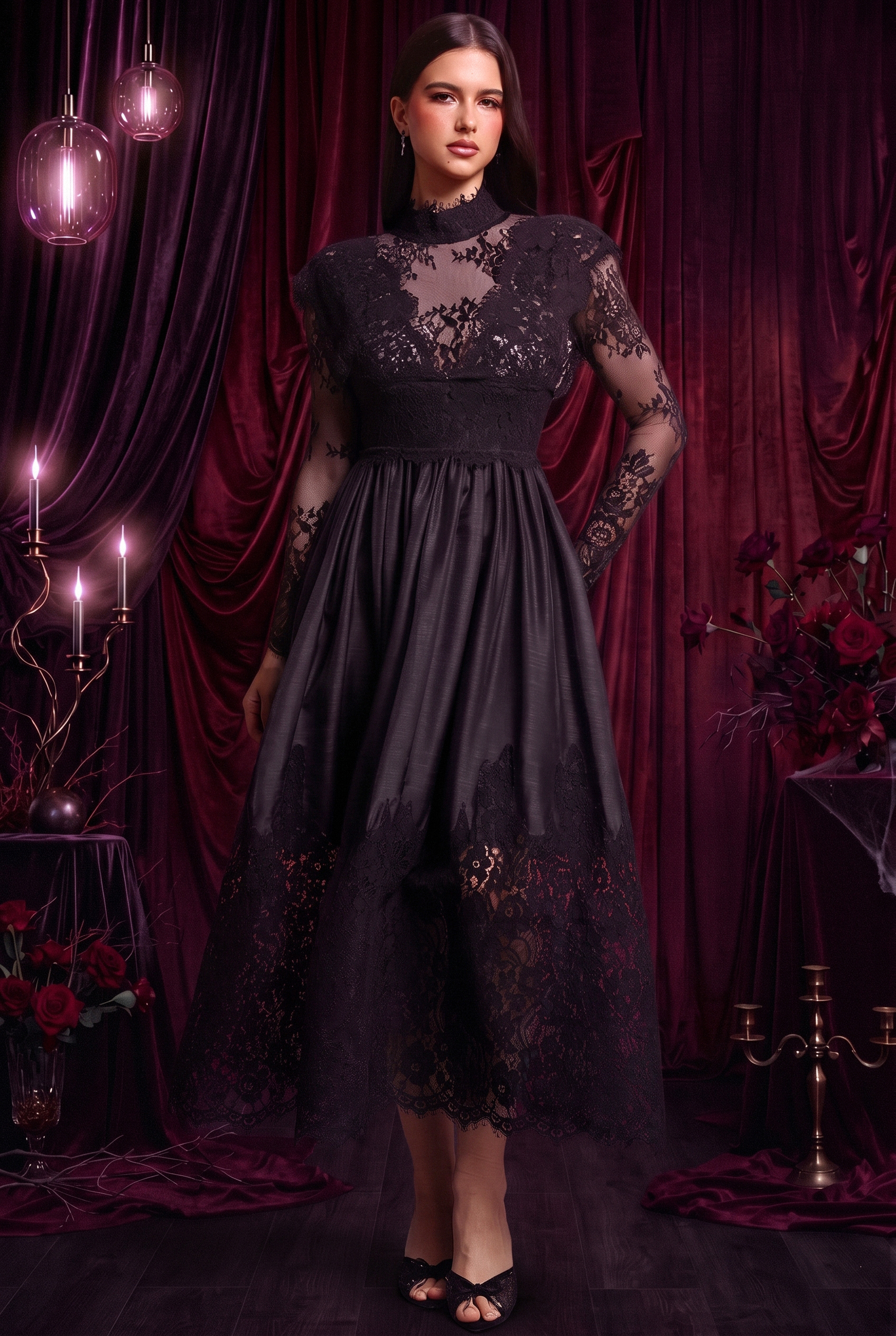 Tate Long Sleeves Lace Midi Dress – Black image 1