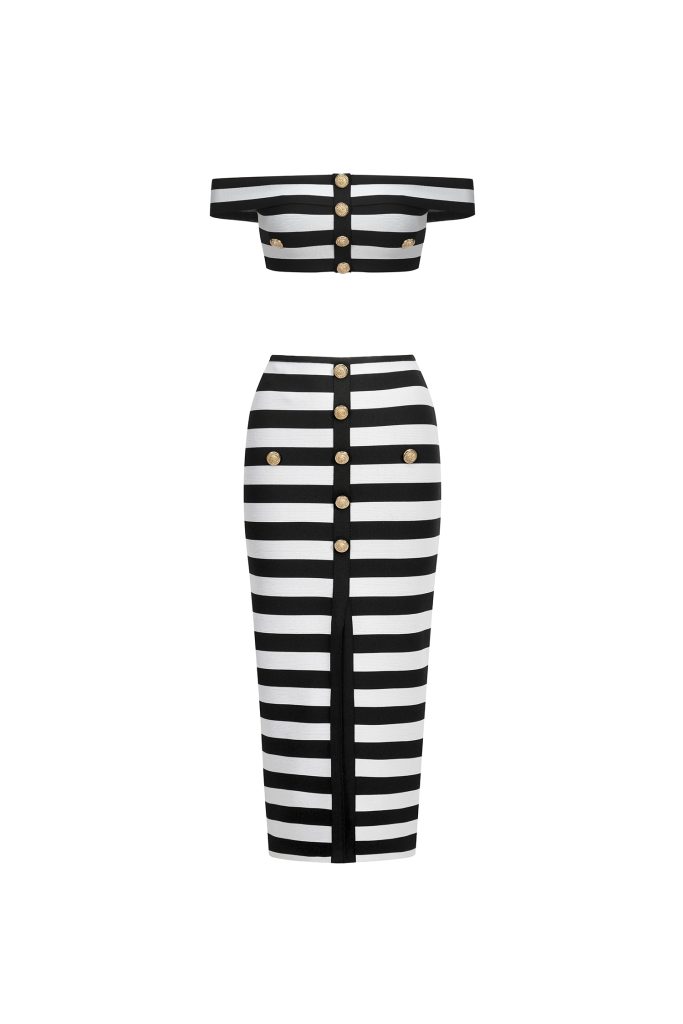 Martha Off-the-Shoulder Hollow Out Slit Bandage Midi Two-Piece Set