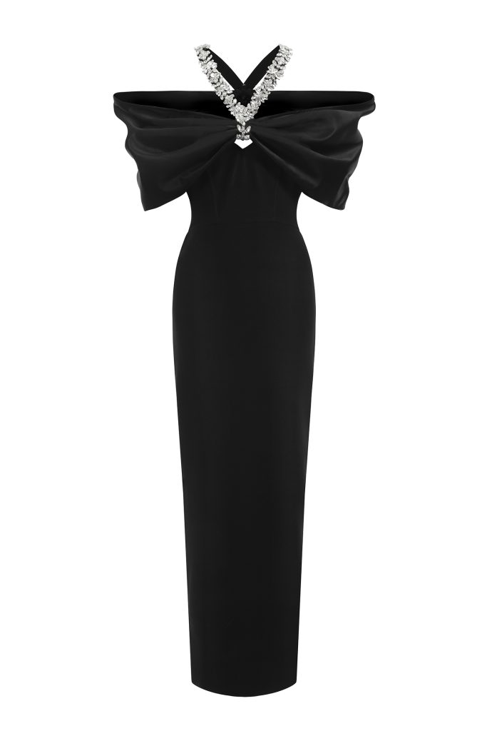 Sloan Halter Diamond Off-The-Shoulder Bandage Maxi Dress
