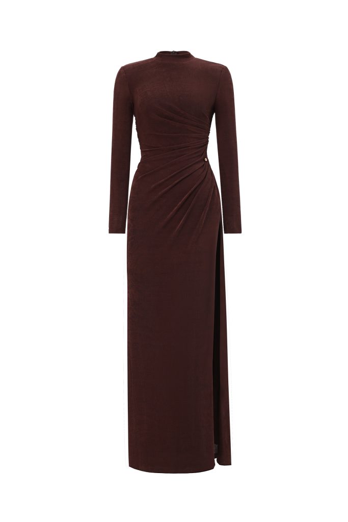 Ivy Elegant Contour Long Sleeve Gathered Knit Maxi Dress