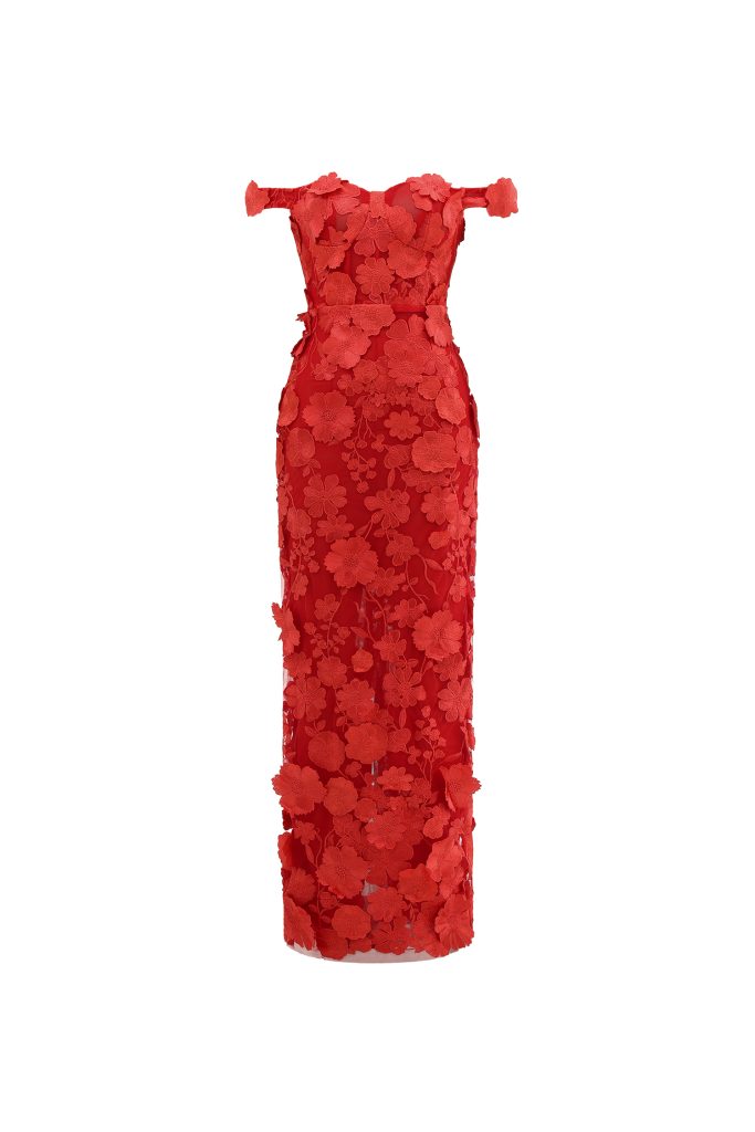 Romantic Tailored Off Shoulder Floral Embroidered Maxi Dress