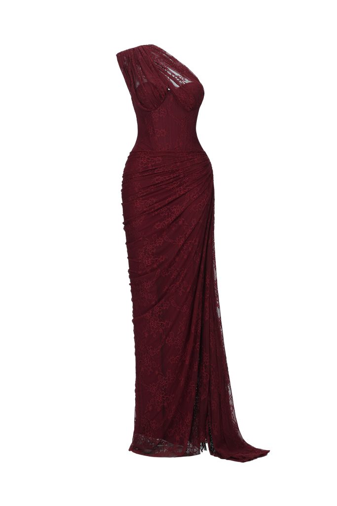 Finch Romantic Contour Sleeveless Ruched Lace Knit Maxi Dress