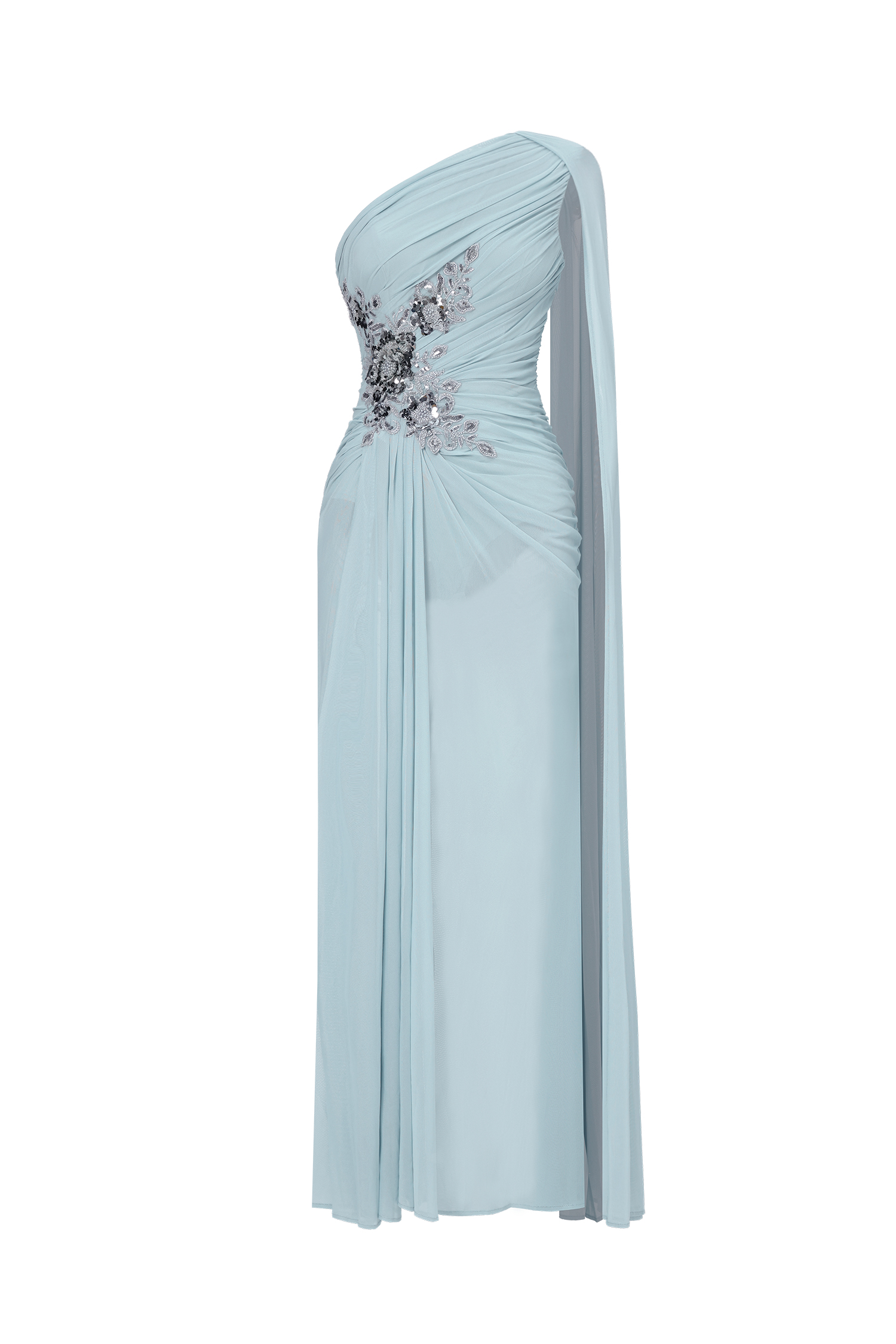 Kaylee Elegant Flowy One Shoulder Sequin Embroidered Ruched Mesh Maxi Dress image 1