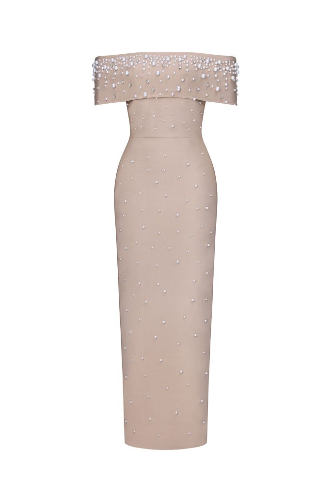 Isme Elegant Contour Off Shoulder Pearl Rhinestone Bandage Maxi Dress