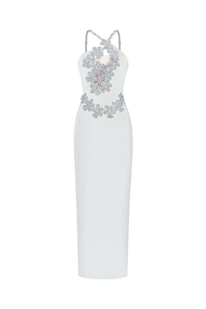Veronic Glamorous Contour Halter Cut Out Rhinestone Floral Bandage Maxi Dress