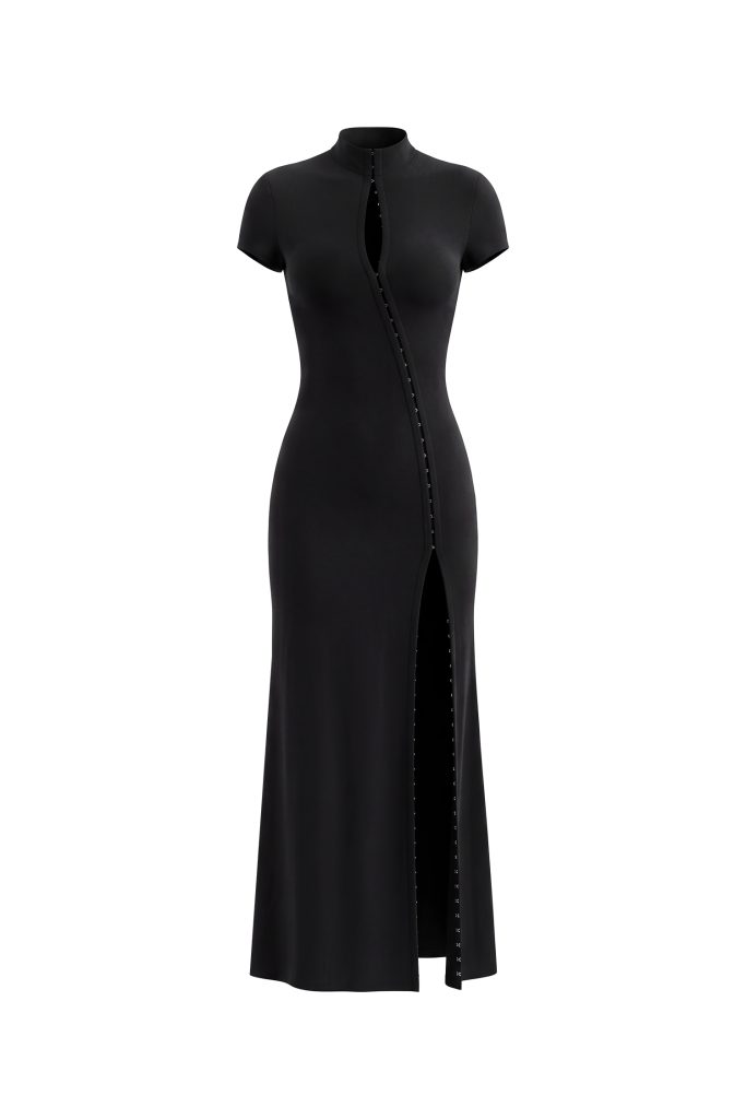 Saturn Chic Contour Short Sleeve Zipper Front Cut Out Knit Maxi Dress