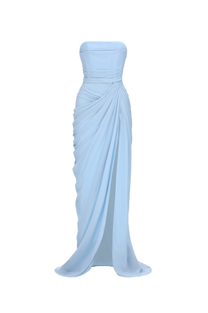 Tazeda Elegant Contour Strapless Ruched Mesh Maxi Dress