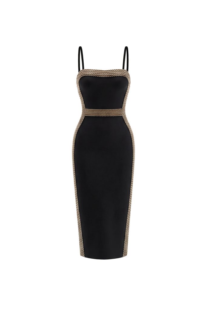 Lestie Minimalist Contour Straight Neck Gold Woven Bandage Midi Dress