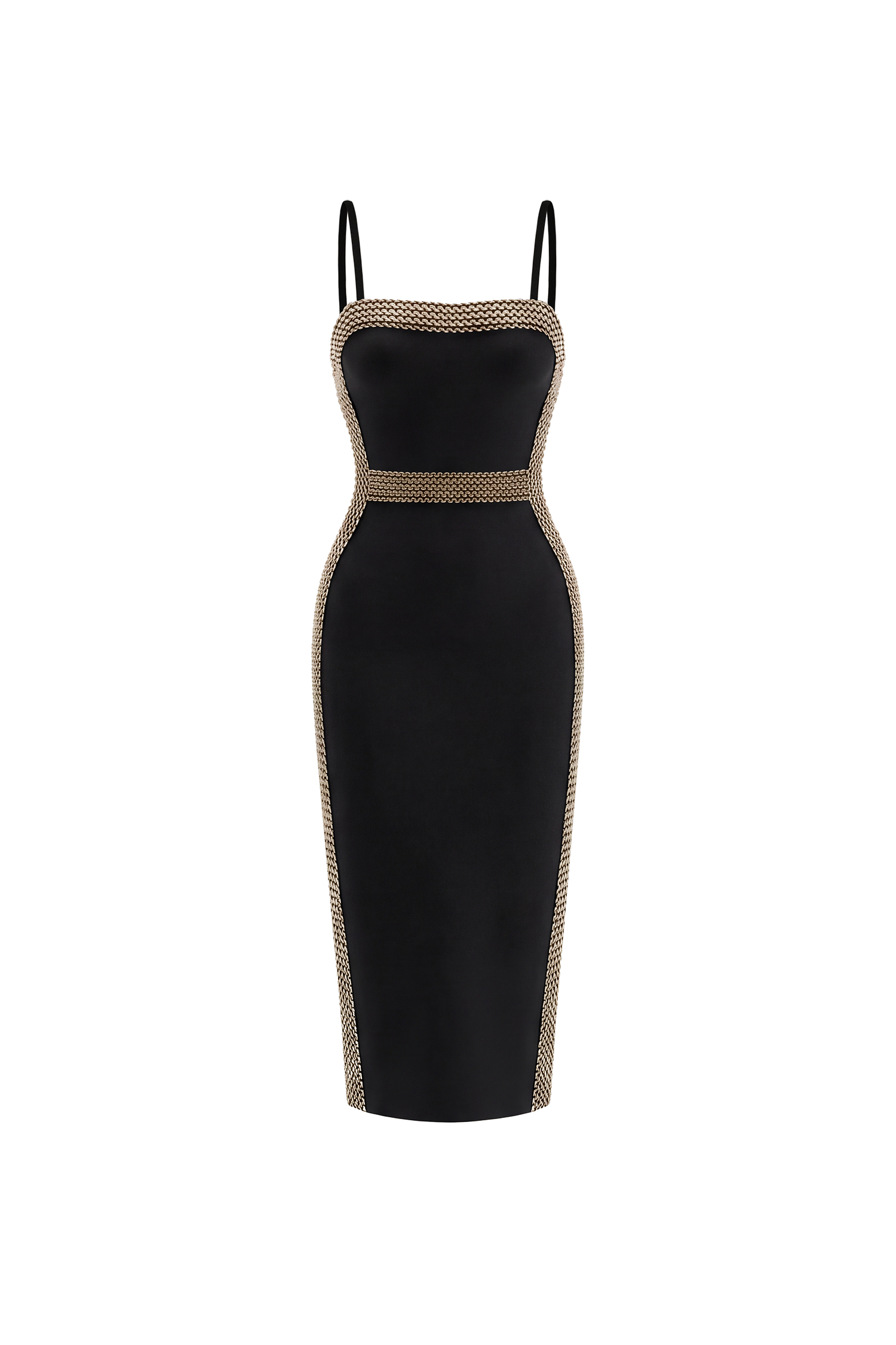 Lestie Minimalist Contour Straight Neck Gold Woven Bandage Midi Dress image 1