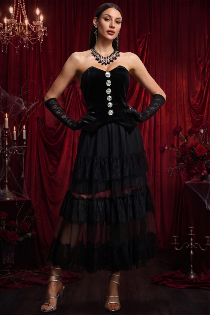 Omega Chic Contour Strapless Buttoned Lace Velvet Maxi Dress