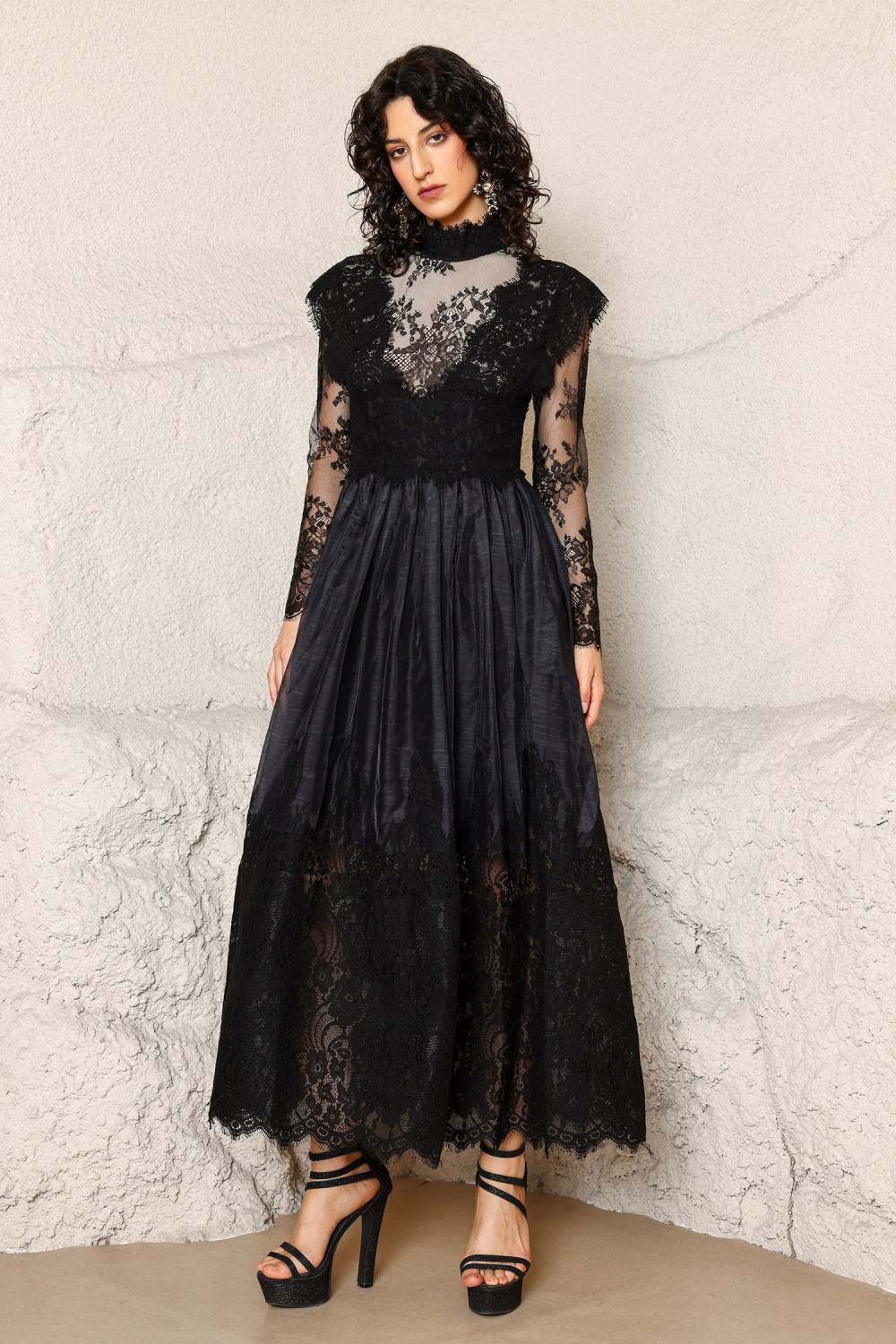 Tate Long Sleeves Lace Midi Dress – Black image 8