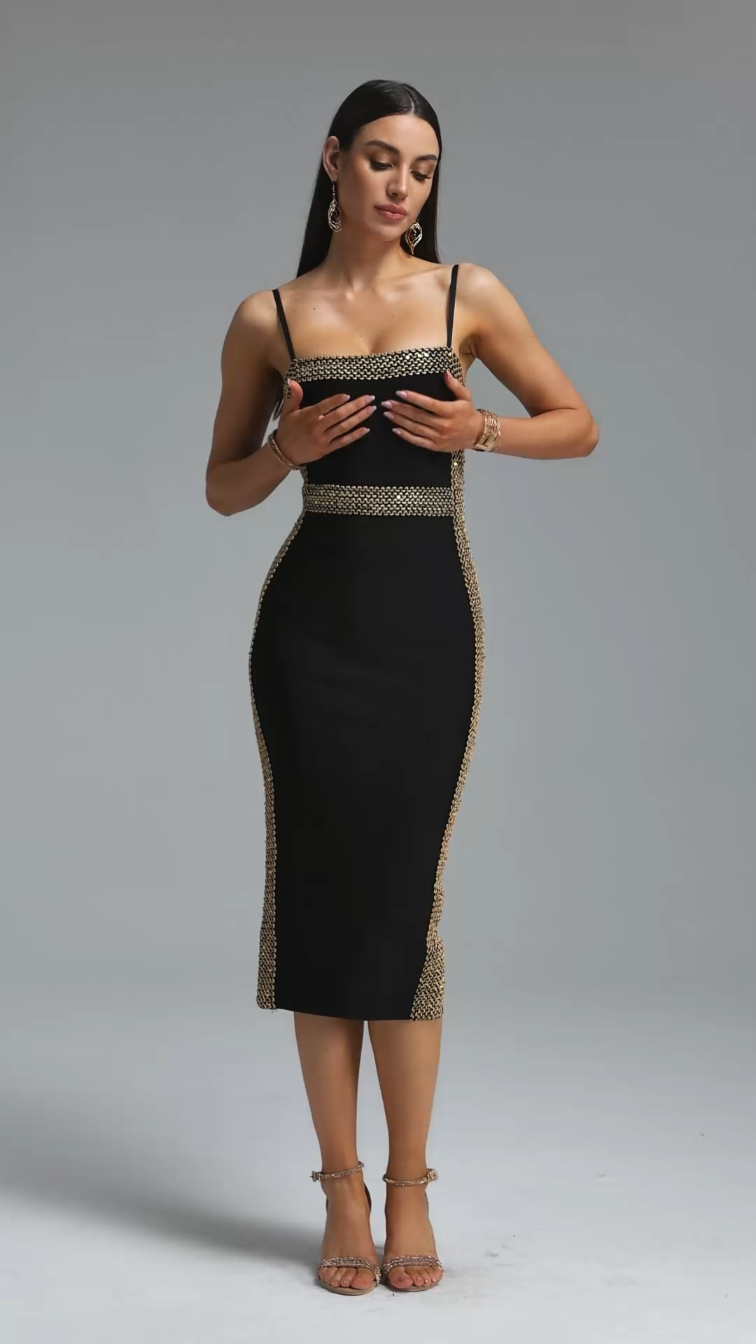 Lestie Minimalist Contour Straight Neck Gold Woven Bandage Midi Dress image 8